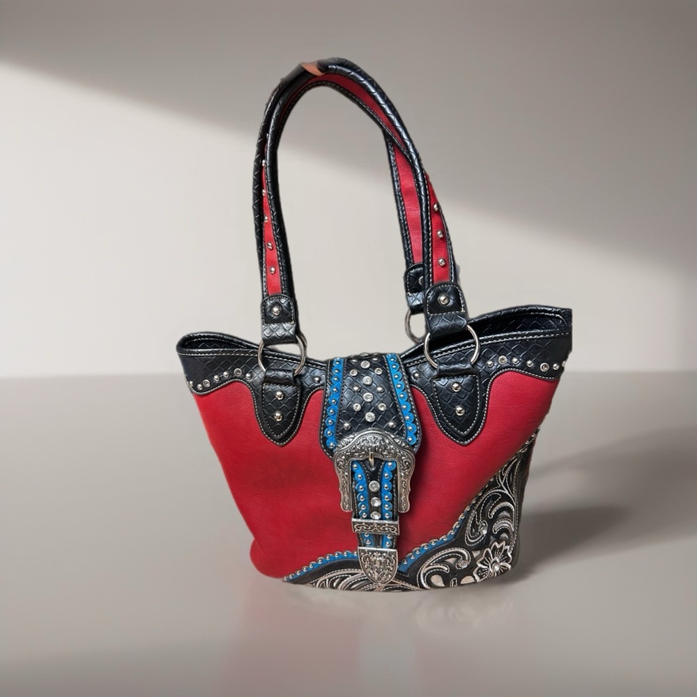Western Red, Turquoise & Black Women's Handbag with rhinestone Buckle